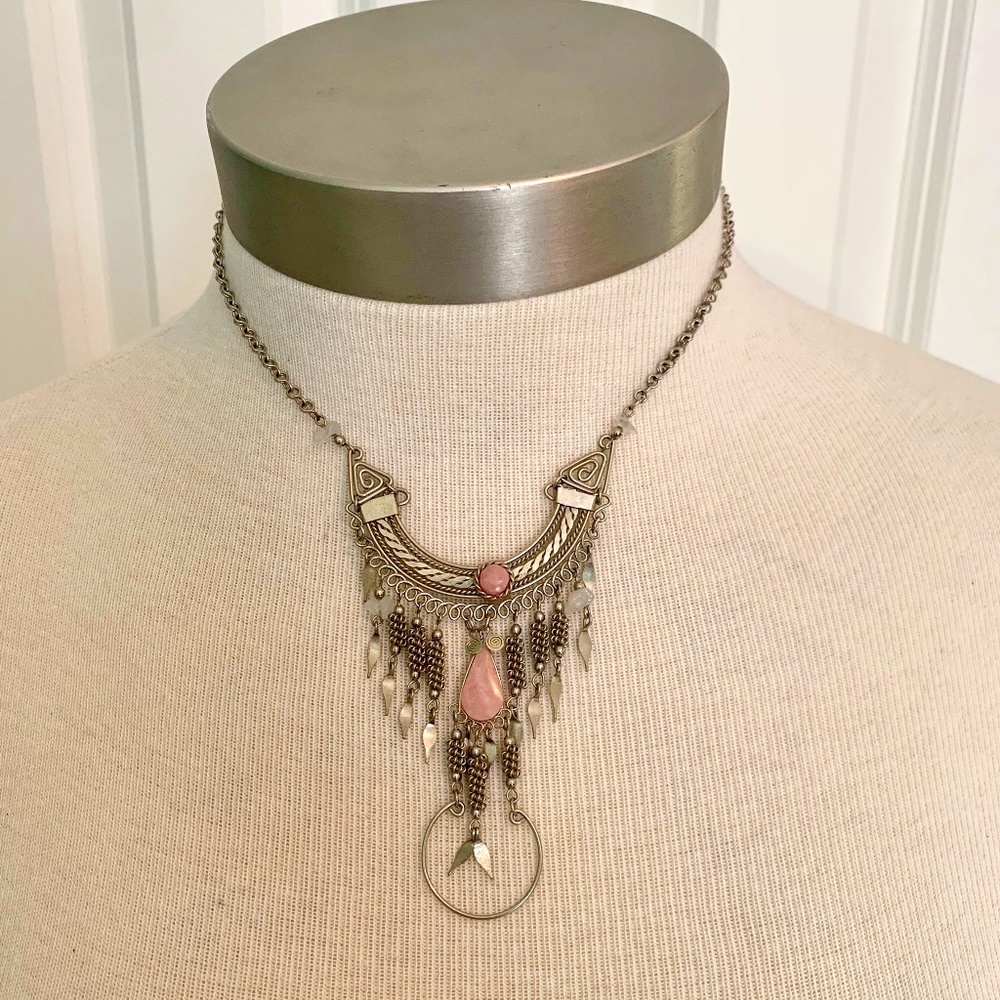 1970s boho silver rose quartz statement necklace